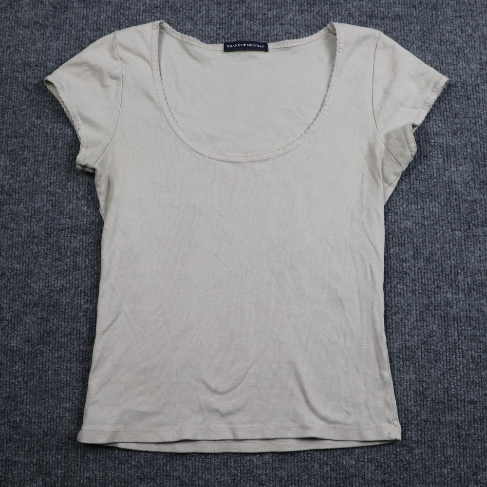 Brandy Melville Shirt Womens Small Beige Scoop Neck Short Sleeve Cotton Basic